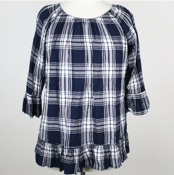 For The Republic Plaid Off Shoulder Peplum Top - Picture 2 of 4